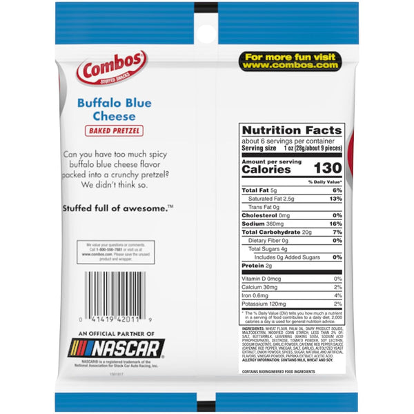 Combos Buffalo Blue Cheese Baked Pretzels, 6.3 oz Bag (Pack of 2) with By The Cup Bag Clip