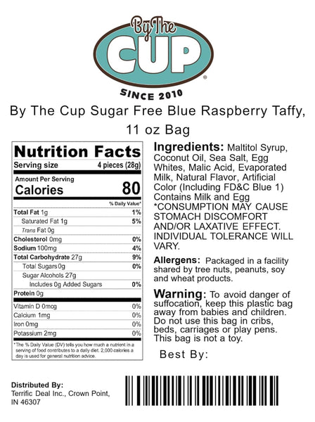 By The Cup Sugar Free Blue Raspberry Taffy, 11 oz Bag