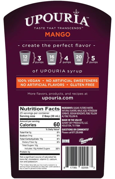 Upouria Mango Coffee & Tea Syrup Flavoring, 100% Vegan, Gluten-Free, Kosher, 750 mL Bottle - Pump Sold Separately