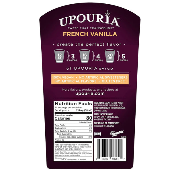 Upouria French Vanilla Coffee Syrup Flavoring, 100% Vegan, Gluten-Free, Kosher, 750 mL Bottle (Pack of 2) with 1 Coffee Syrup Pump