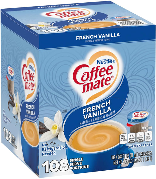 Nestle Coffee mate French Vanilla, 108 Count Box (Pack of 1) Liquid Coffee Creamer Singles with By The Cup Coasters