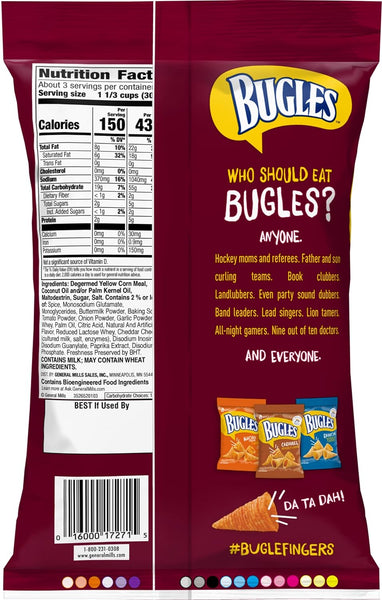Bugles Crispy Corn Snacks 5 Flavor Variety, 1 of each 3 oz Bag: Nacho Cheese, Cinnamon Toast Crunch, Original, Chili Cheese, Ranch with By the Cup Bag Clip