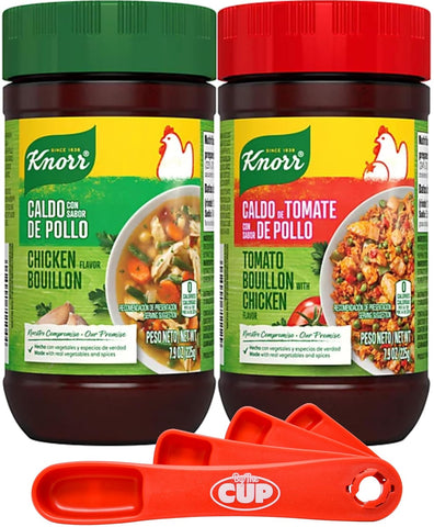 Knorr Granulated Bouillon Bundle, Chicken Flavor and Tomato with Chicken Flavor, 7.9 oz (Pack of 2) with By The Cup Swivel Spoon