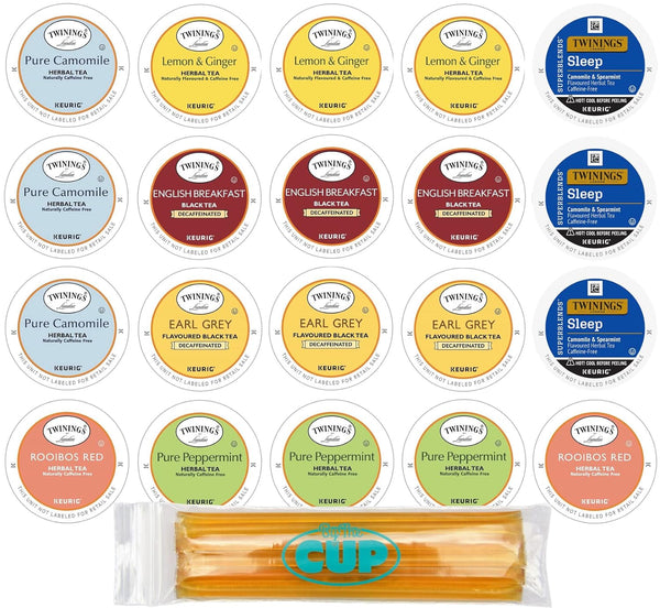 Twinings Herbal & Decaffeinated Tea Sampler - 20 Count Assorted Keurig 2.0 K-Cups - with 10 By The Cup Honey Stix