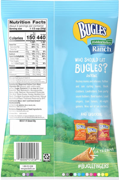 Bugles Crispy Corn Snacks 5 Flavor Variety, 1 of each 3 oz Bag: Nacho Cheese, Cinnamon Toast Crunch, Original, Chili Cheese, Ranch with By the Cup Bag Clip
