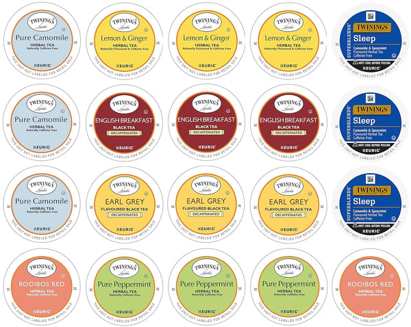 Twinings Herbal & Decaffeinated Tea Sampler - 20 Count Assorted Keurig 2.0 K-Cups - with 10 By The Cup Honey Stix