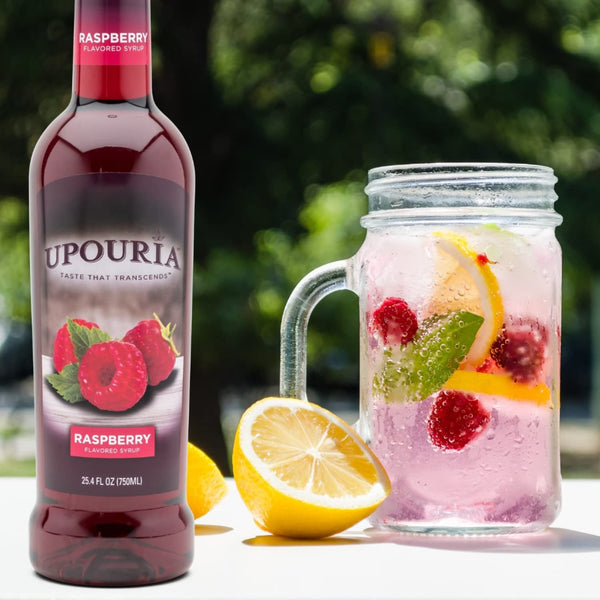 Upouria Raspberry Coffee Syrup Flavoring, Great for Cocktails, Sodas and Lemonades, 100% Vegan, Gluten-Free, Kosher, 750 mL Bottle - Syrup Pump Included
