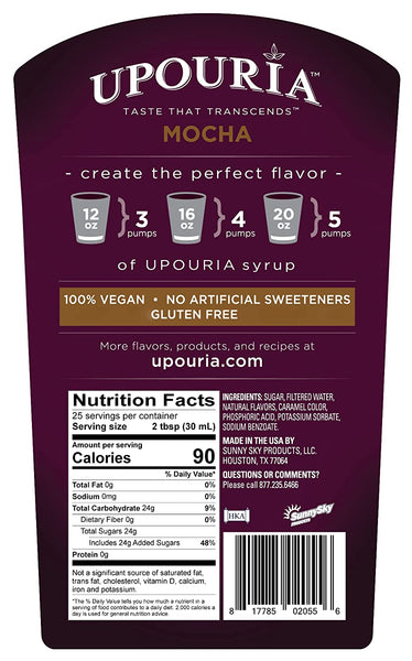 Upouria Coffee Syrup Variety Pack - French Vanilla, Mocha, and Caramel Flavoring, 100% Vegan, Gluten Free, Kosher, 750 mL Bottle - 3 Coffee Syrup Pumps Included