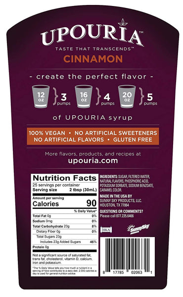Upouria Cinnamon Coffee Syrup Flavoring, 100% Vegan, Gluten Free, Kosher, 750 mL Bottle - Pump Sold Separately