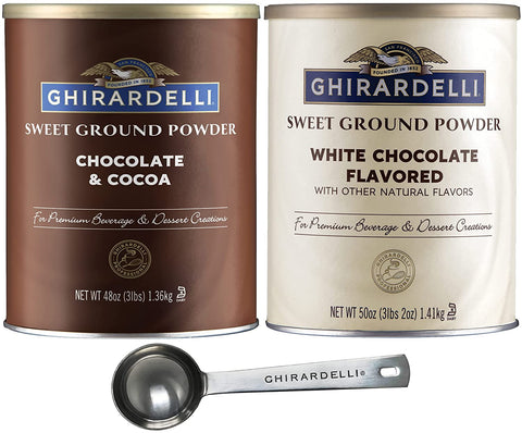 Ghirardelli - Sweet Ground Chocolate & Cocoa Gourmet Powder 3 lbs & Sweet Ground White Chocolate Gourmet Flavored Powder 3.12 lb with Ghirardelli Stamped Barista Spoon