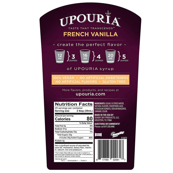 Upouria French Vanilla & Mocha Coffee Syrup Flavoring, 2 of each Flavor, 100% Vegan, Gluten-Free, Kosher, 750 mL Bottles (Pack of 4) with 2 Coffee Syrup Pumps