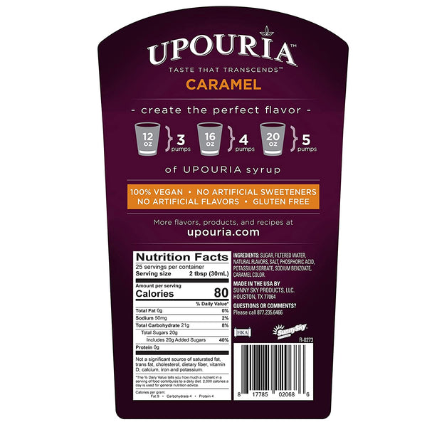 Upouria French Vanilla & Caramel Coffee Syrup Flavoring, 2 of each Flavor, 100% Vegan, Gluten-Free, Kosher, 750 mL Bottles (Pack of 4) with 2 Coffee Syrup Pumps