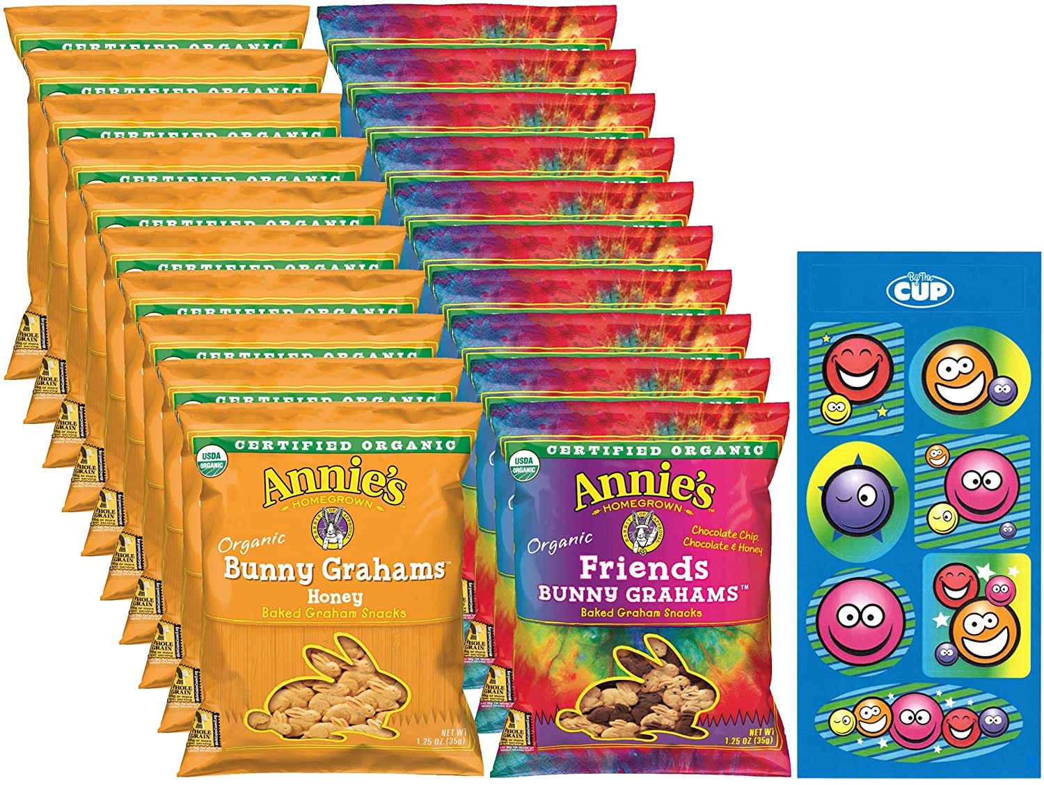 Annie's Organic Baked Graham Snacks Variety, Friends Bunny Grahams and Honey Bunny Grahams (Pack of 20) with By The Cup Stickers