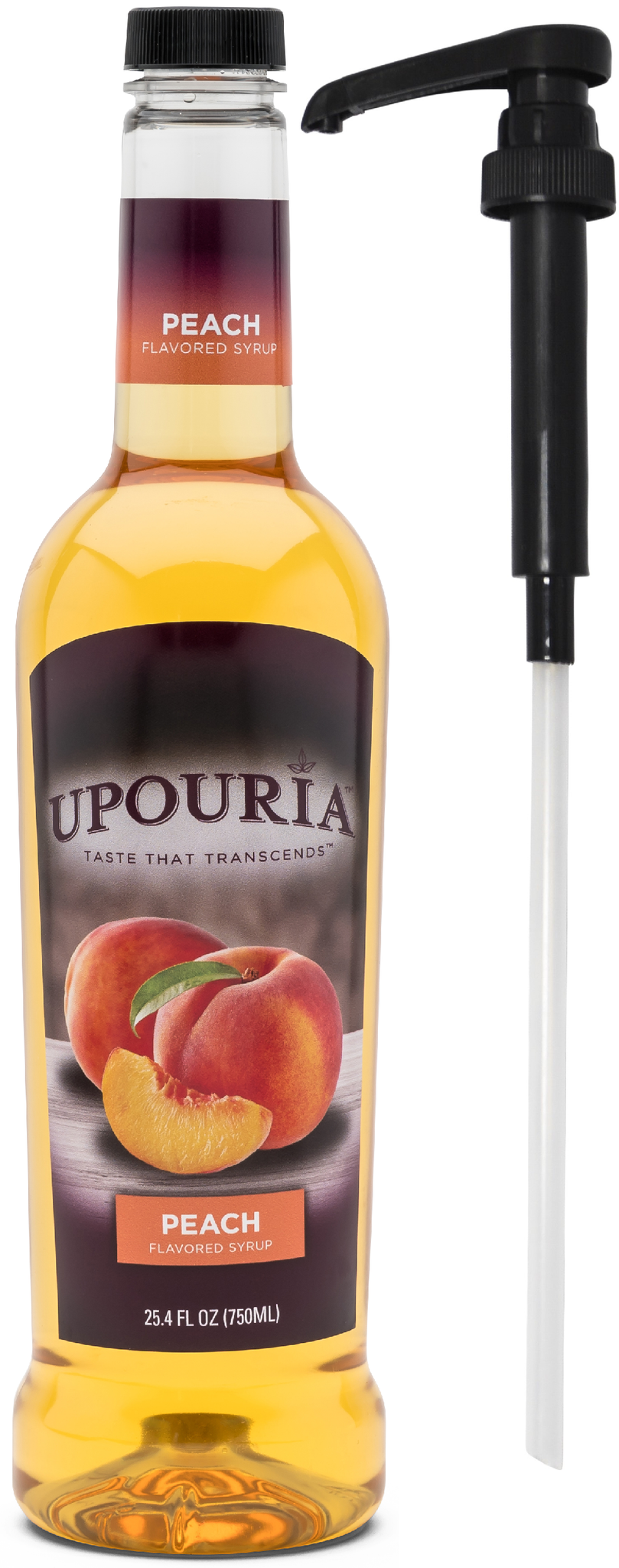 Upouria Peach Flavored Syrup, Great for Iced Teas, Sodas, Lemonades and Cocktails, 100% Vegan, Gluten-Free, Kosher, 750 mL Bottle - Syrup Pump Included