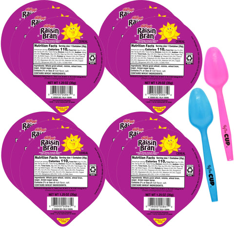 Kellogg's Raisin Bran Cereal, 1.25 oz Cup (Pack of 12) with 2 By The Cup Mood Spoons