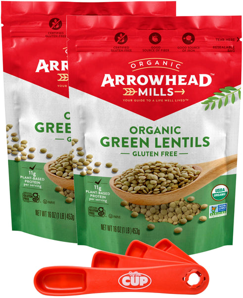 Arrowhead Mills Organic Green Lentils, 1 lb (Pack of 2) with By The Cup Swivel Spoons