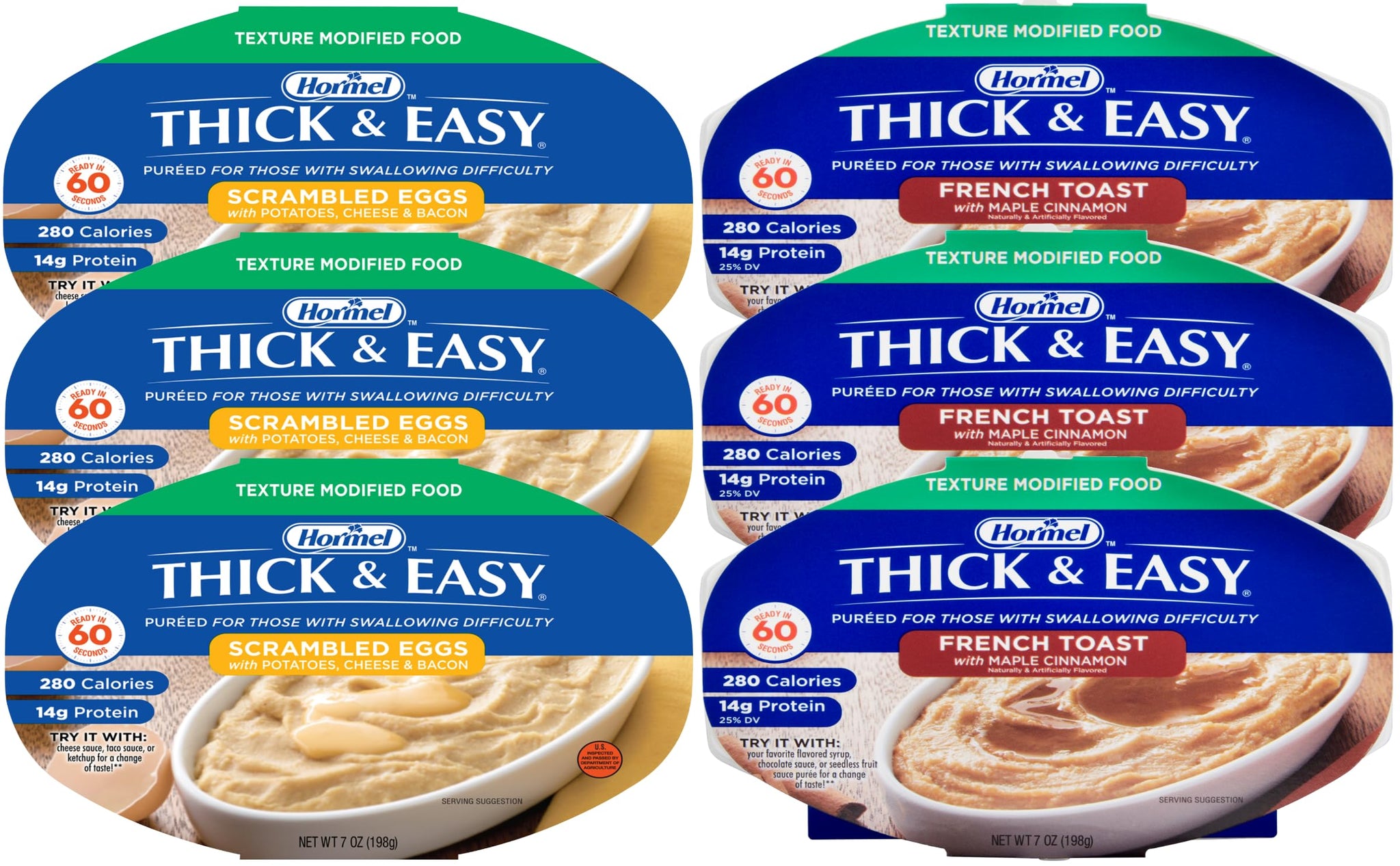 Hormel Thick and Easy Pureed Breakfast Meals, 7 oz (Pack of 6), 3 of each: Scrambled Eggs & Maple Cinnamon French Toast with mood spoons