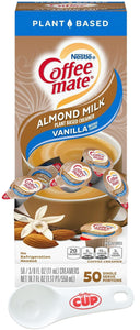 Nestle Coffee mate Plant Based Liquid Coffee Creamer Singles, Vanilla Flavored Almond Milk, 50 Ct Box with By The Cup Coffee Scoop