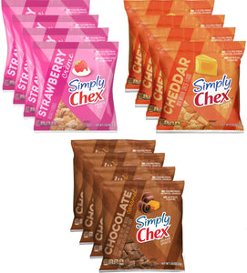 Chex Mix Brand Snack Pack 12 Count 3 Flavor Variety - 4 of Each Flavor, Strawberry Creme, Cheddar, Chocolate Caramel with Bag Clip