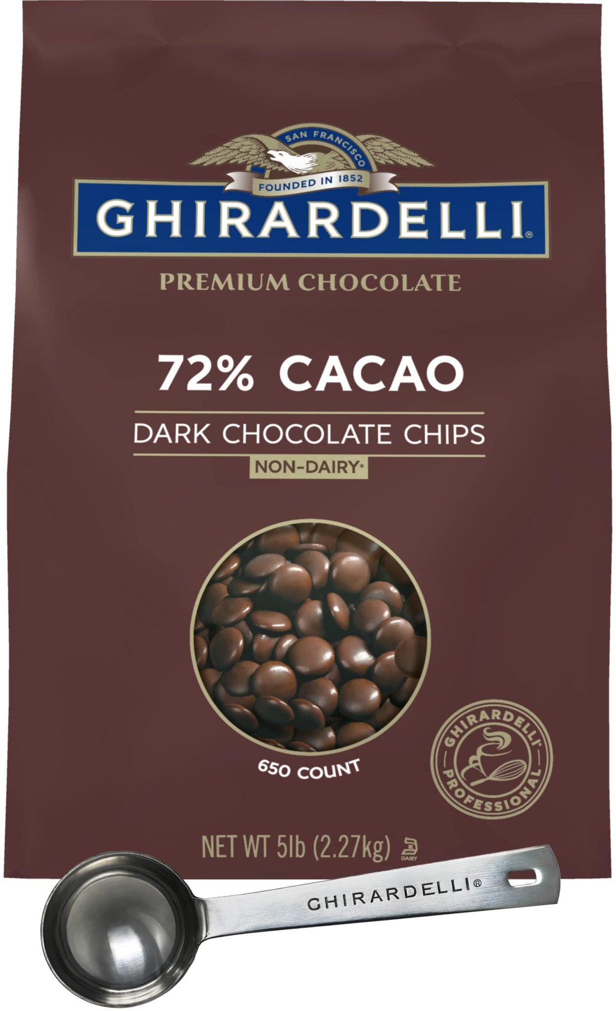 Ghirardelli 72% Cacao Chocolate Chips, 5lb bag with Ghirardelli Stamped Barista Spoon