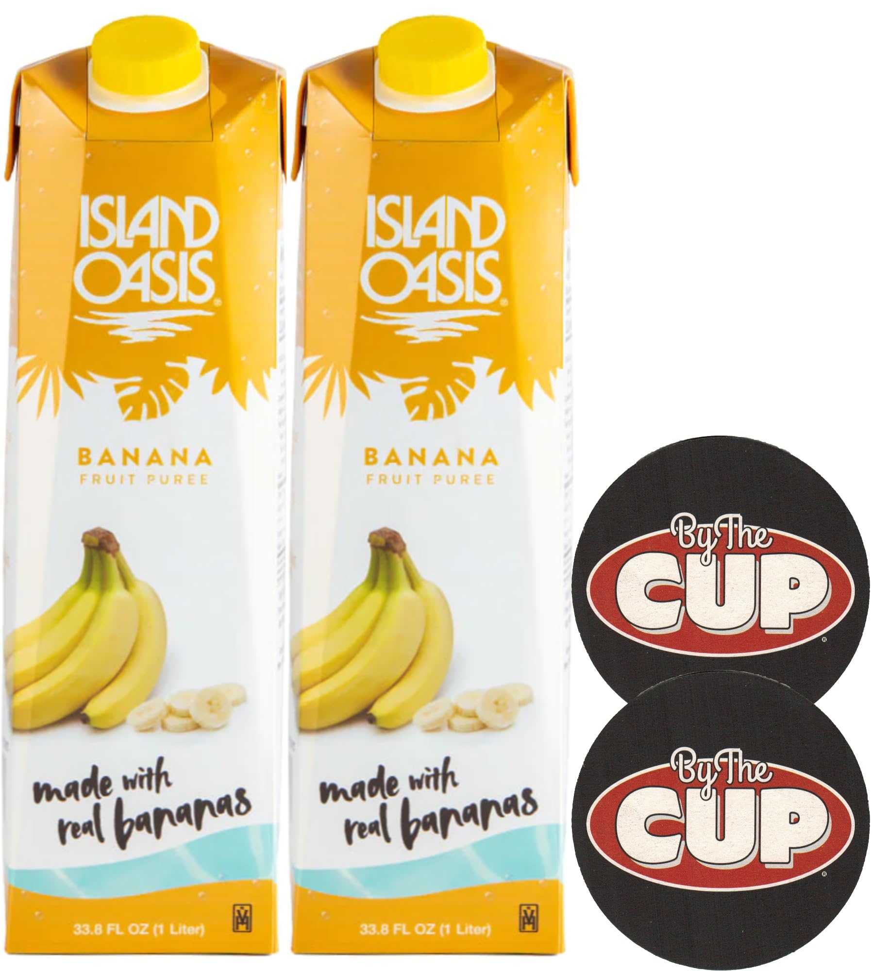 Island Oasis Banana Fruit Puree Beverage Mix, 1 Liter (Pack of 2) with By The Cup Coasters