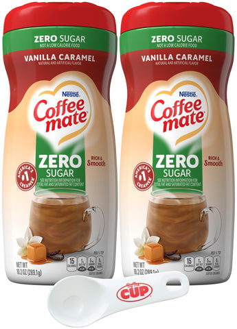 Coffee mate Vanilla Caramel Zero Sugar Powdered Creamer, 10.2 oz Canister (Pack of 2) with By The Cup Coffee Scoop