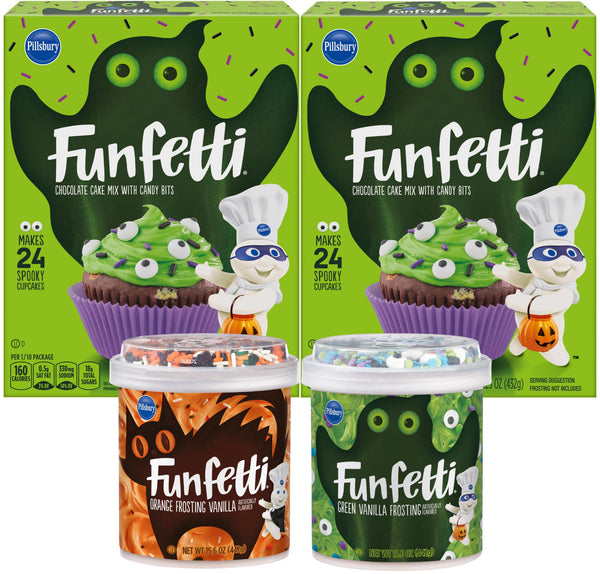 Pillsbury Funfetti Halloween Bundle, 2 Chocolate Slime Cake Mixes, 1 of each Frosting with Sprinkles, Green Vanilla and Orange Vanilla (Pack of 4) with By The Cup Spreader