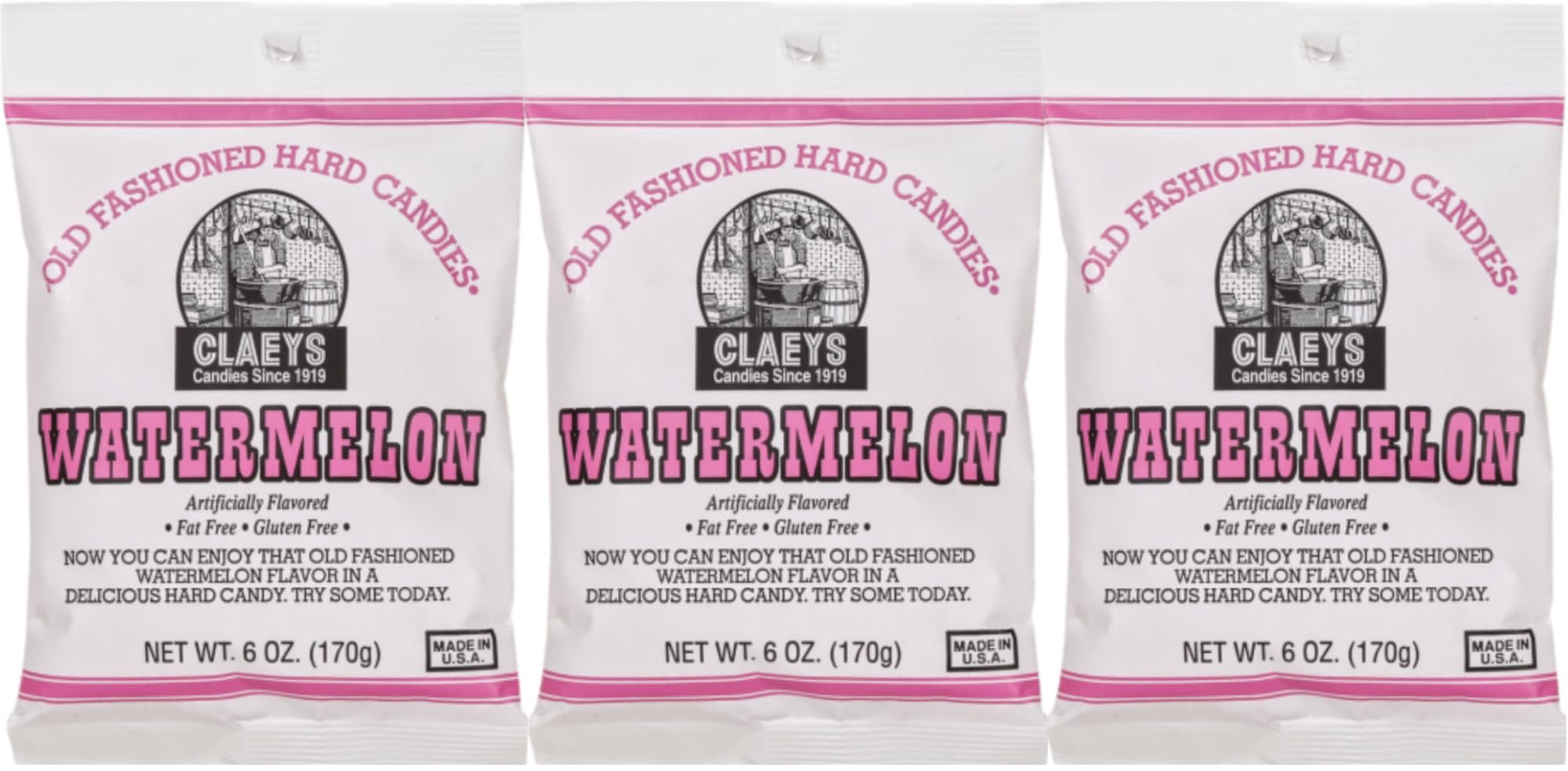 Claeys Old Fashioned Sugared Hard Candy, Watermelon Flavor, 6 oz (Pack of 3) with By The Cup Bag Clip