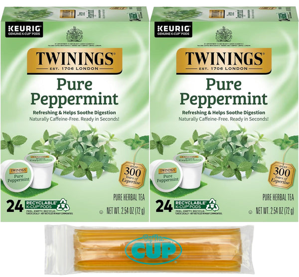 Twinings Tea Peppermint K-Cups, 24 Count (Pack of 2) with By The Cup Honey Sticks