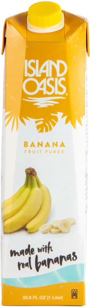 Island Oasis Banana Fruit Puree Beverage Mix, 1 Liter (Pack of 2) with By The Cup Coasters