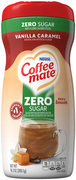 Coffee mate Vanilla Caramel Zero Sugar Powdered Creamer, 10.2 oz Canister (Pack of 2) with By The Cup Coffee Scoop