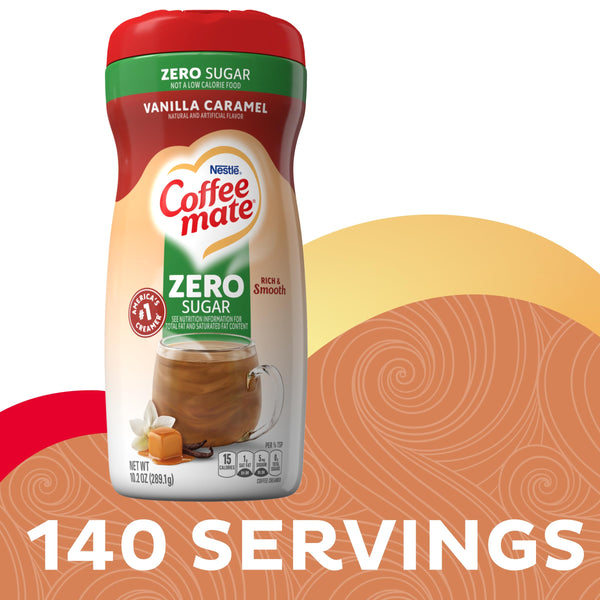 Coffee mate Vanilla Caramel Zero Sugar Powdered Creamer, 10.2 oz Canister (Pack of 2) with By The Cup Coffee Scoop