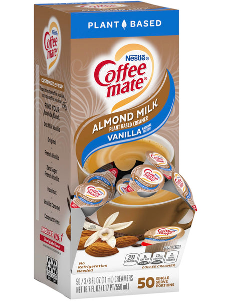 Nestle Coffee mate Plant Based Liquid Coffee Creamer Singles, Vanilla Flavored Almond Milk, 50 Ct Box with By The Cup Coffee Scoop