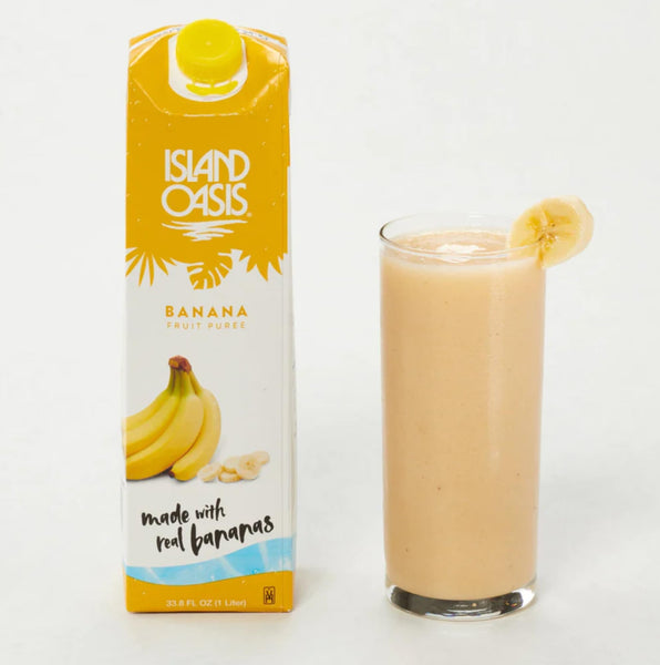 Island Oasis Banana Fruit Puree Beverage Mix, 1 Liter (Pack of 2) with By The Cup Coasters