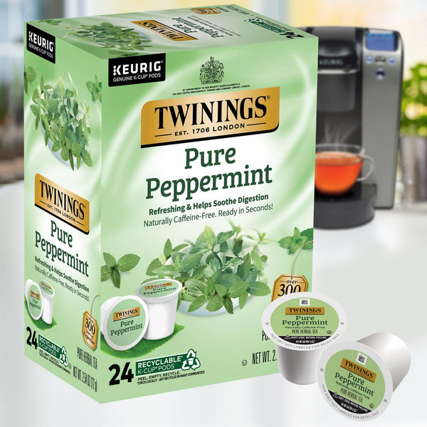 Twinings Tea Peppermint K-Cups, 24 Count (Pack of 2) with By The Cup Honey Sticks