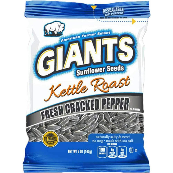 Giants Kettle Roast Fresh Cracked Pepper Sunflower Seeds, 5 oz Resealable Bag (Pack of 3) with By The Cup Bag Clip
