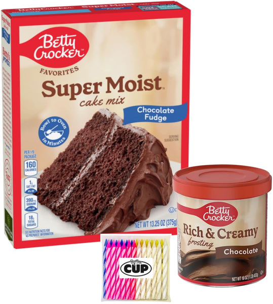 Betty Crocker Super Moist Chocolate Fudge Cake Mix and Rich & Creamy Chocolate Frosting with By The Cup Candles