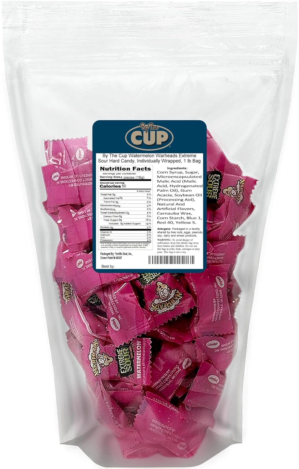 By The Cup Watermelon Warheads Extreme Sour Hard Candy, Individually Wrapped, 1 lb Bag