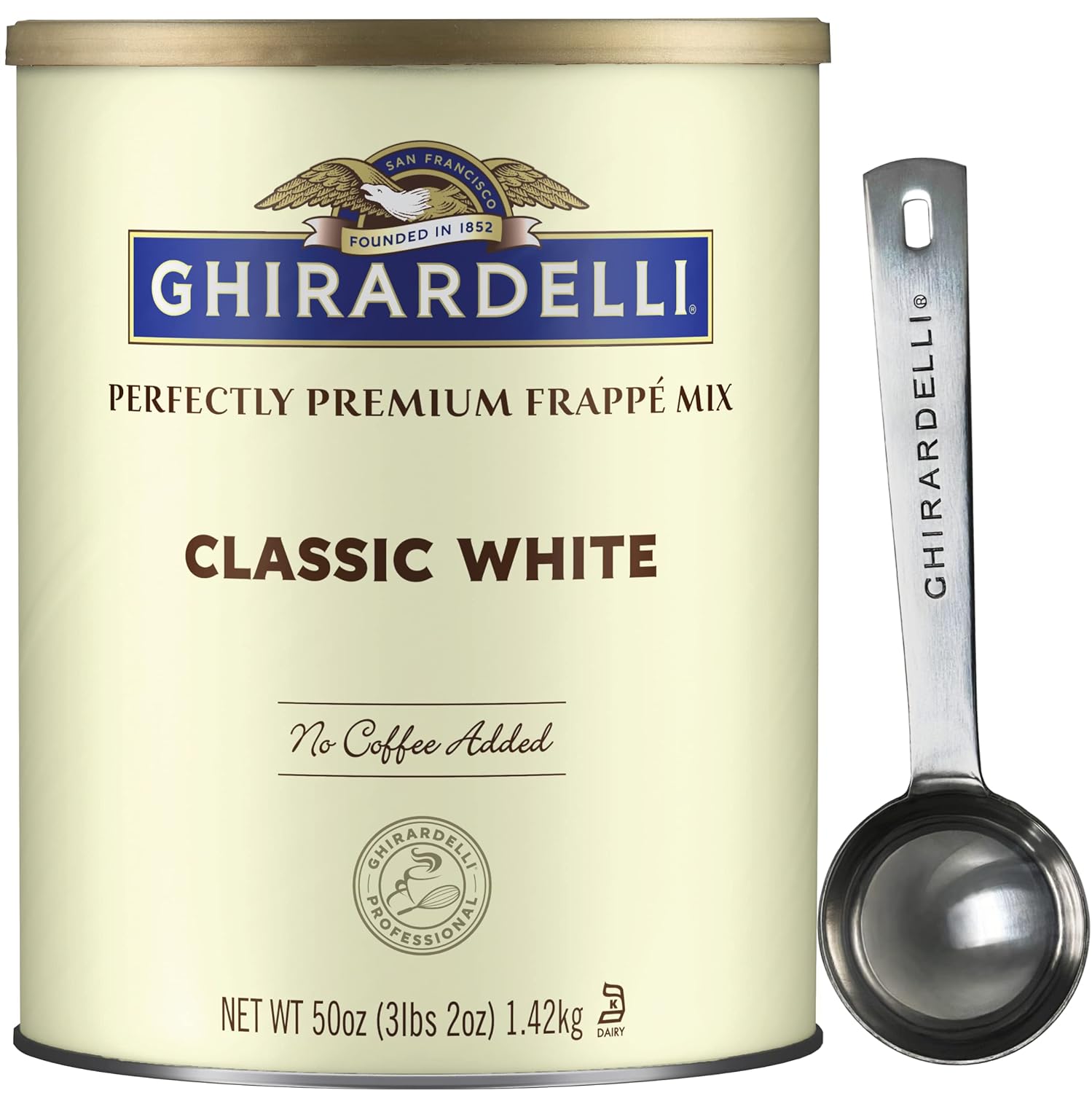 Ghirardelli Classic White Premium Frappé Mix, 3.12 lb Can with Ghirardelli Stamped Barista Spoon