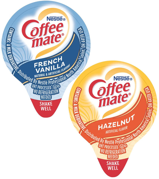 Coffee mate Liquid Creamer Singles Variety Pack, Hazelnut & French Vanilla, 2 Flavors x 90 ct, 180/Box and By The Cup Sugar Packets
