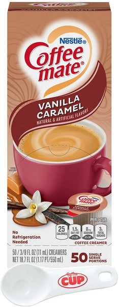 Nestle Coffee mate Liquid Coffee Creamer Singles, Vanilla Caramel, 50 Ct Box with By The Cup Coffee Scoop