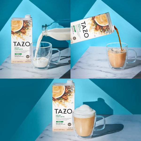 TAZO Decaffeinated Chai Latte Black Tea Concentrate (Pack of 2), 32 oz with By The Cup Coasters