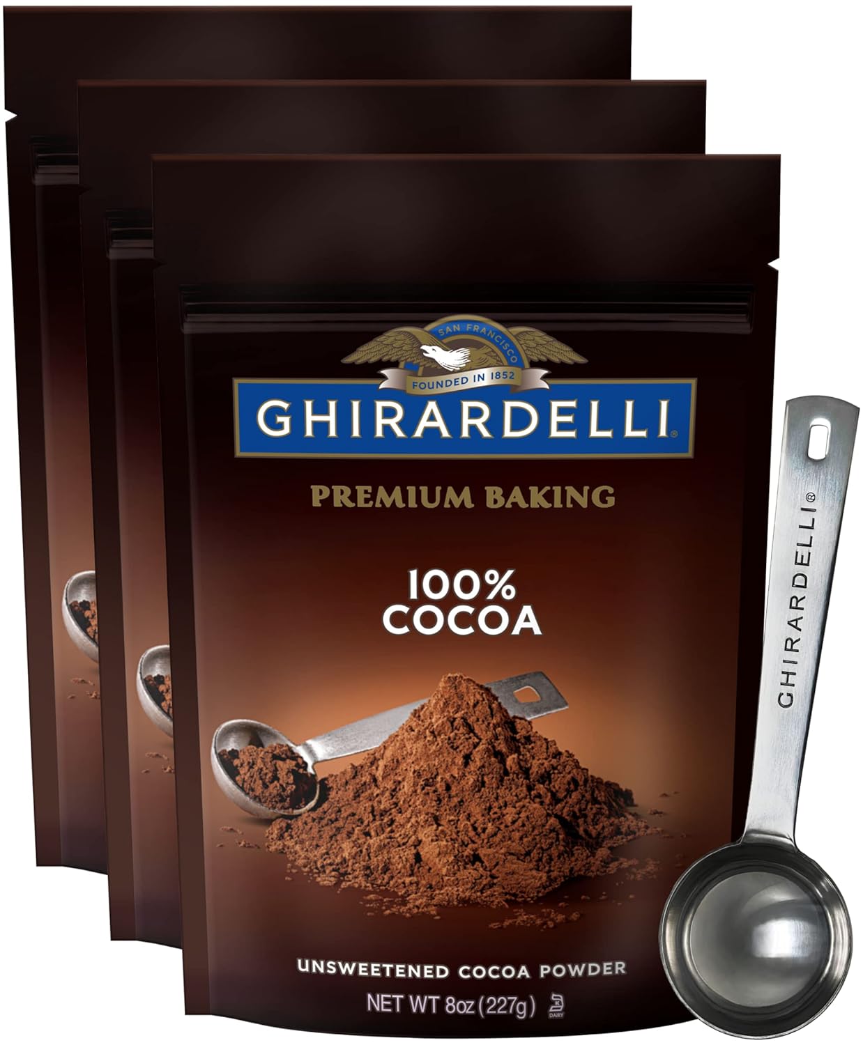 Ghirardelli Unsweetened Cocoa Powder Pouch 8 Ounce (Pack of 3) with Limited Edition Measuring Spoon