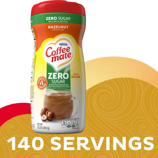 Coffee mate Hazelnut Zero Sugar Powdered Creamer, 10.2 oz Canister (Pack of 2) with By The Cup Coffee Scoop