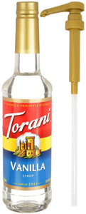 Torani Vanilla Coffee Syrup Bottle 750 ml with By The Cup Syrup Pump