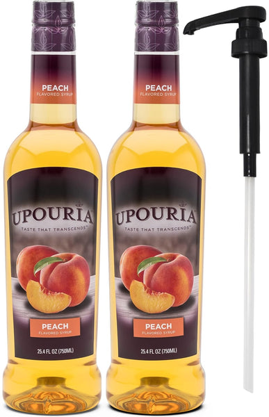 Upouria Peach Coffee & Tea Syrup Flavoring, 100% Vegan, Gluten-Free, Kosher, 750 mL Bottle (Pack of 2) with 1 Syrup Pump