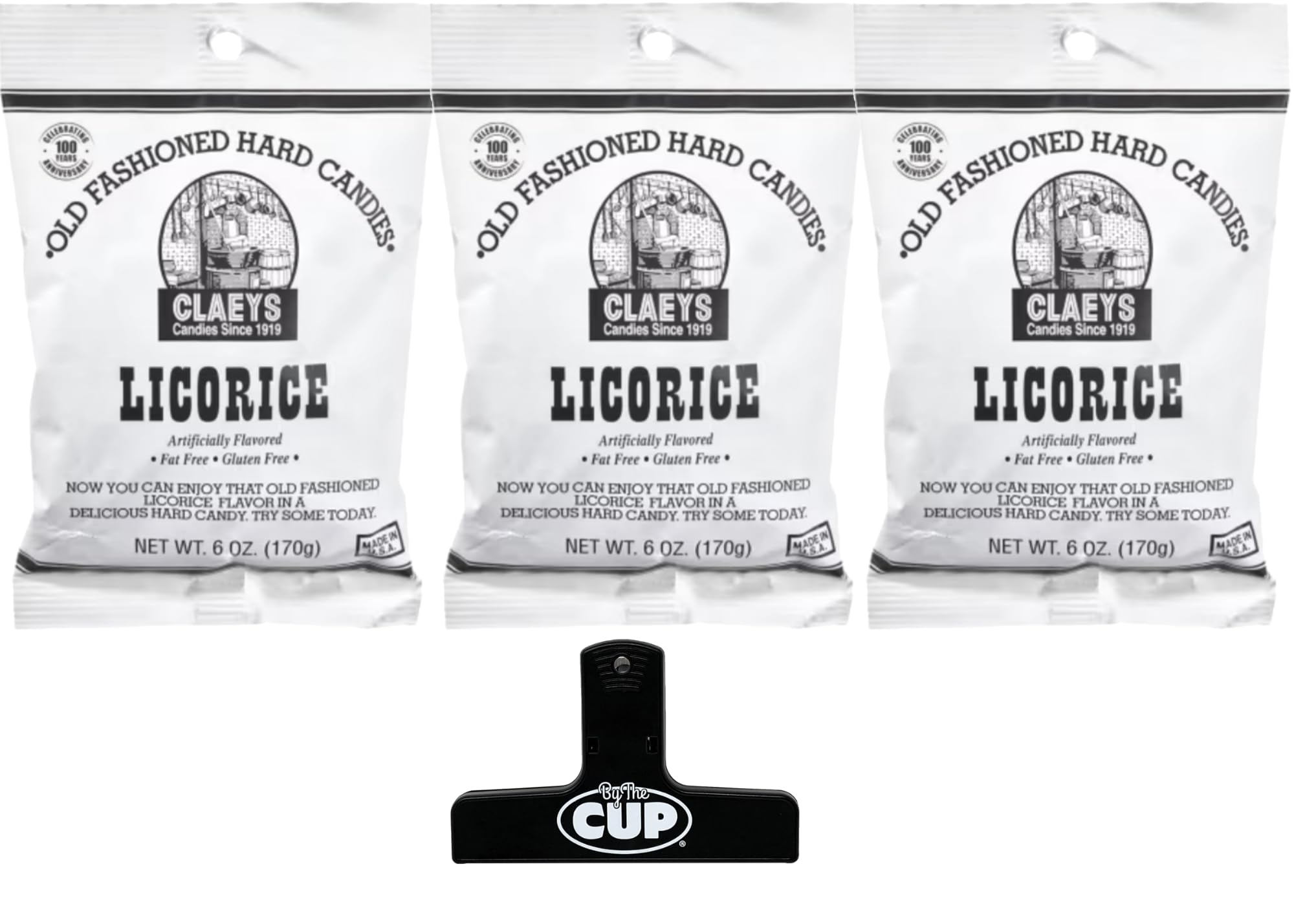 Claeys Old Fashioned Sugared Hard Candy, Licorice Flavor, 6 oz (Pack of 3) with By The Cup Bag Clip