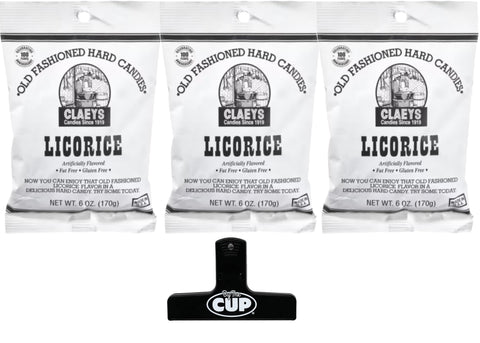 Claeys Old Fashioned Sugared Hard Candy, Licorice Flavor, 6 oz (Pack of 3) with By The Cup Bag Clip