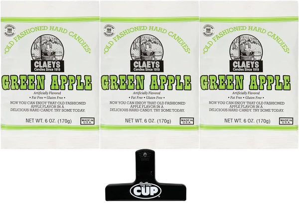 Claeys Old Fashioned Sugared Hard Candy, Green Apple Flavor, 6 oz (Pack of 3) with By The Cup Bag Clip