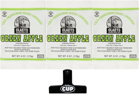Claeys Old Fashioned Sugared Hard Candy, Green Apple Flavor, 6 oz (Pack of 3) with By The Cup Bag Clip